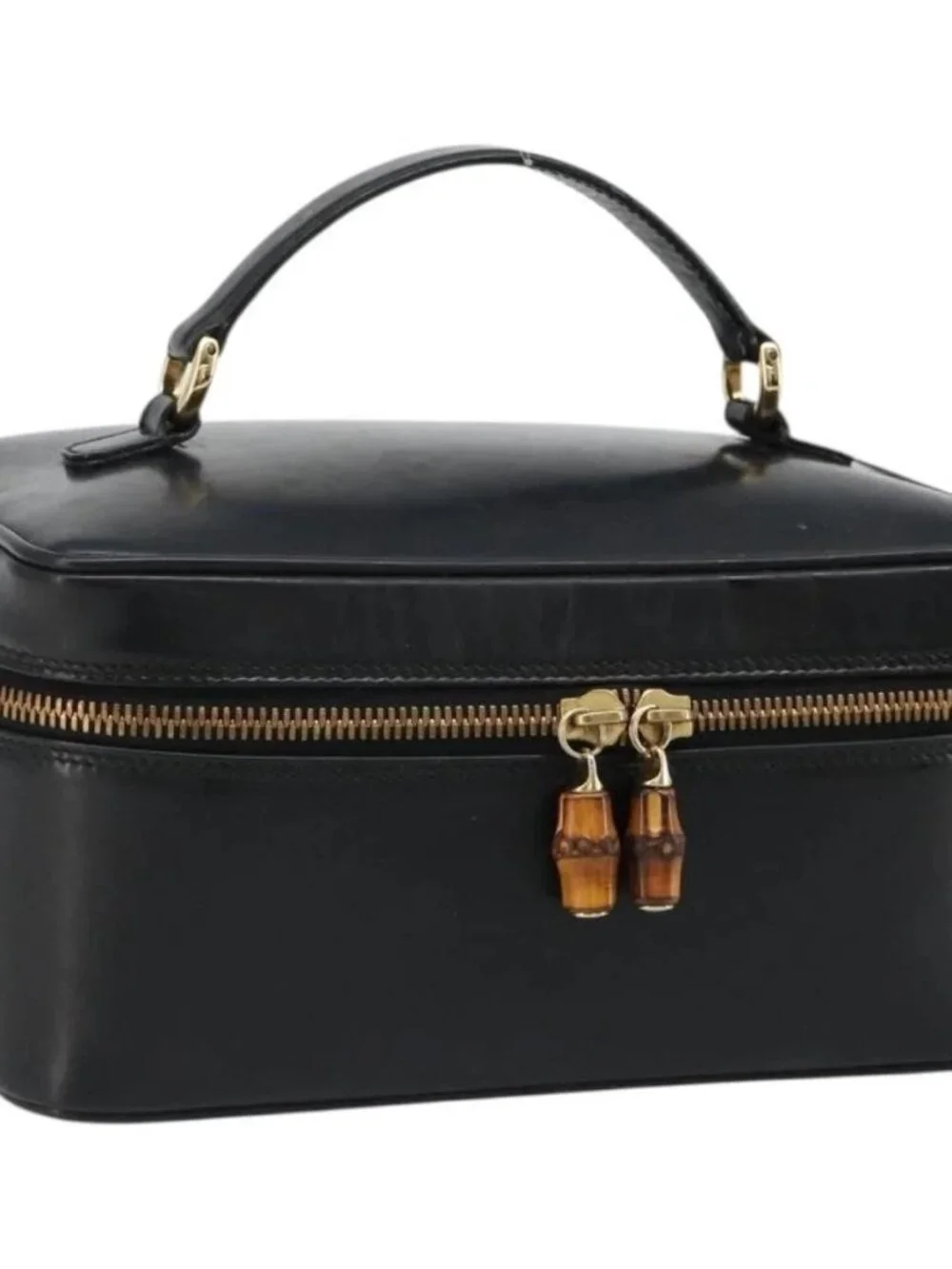 GUCCI Vanity Hand Bag Leather Black Gold 032 1956 0150 Auth ka4794